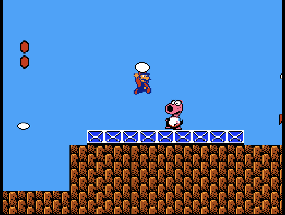 Mario faces off with Birdo at the end of the level.